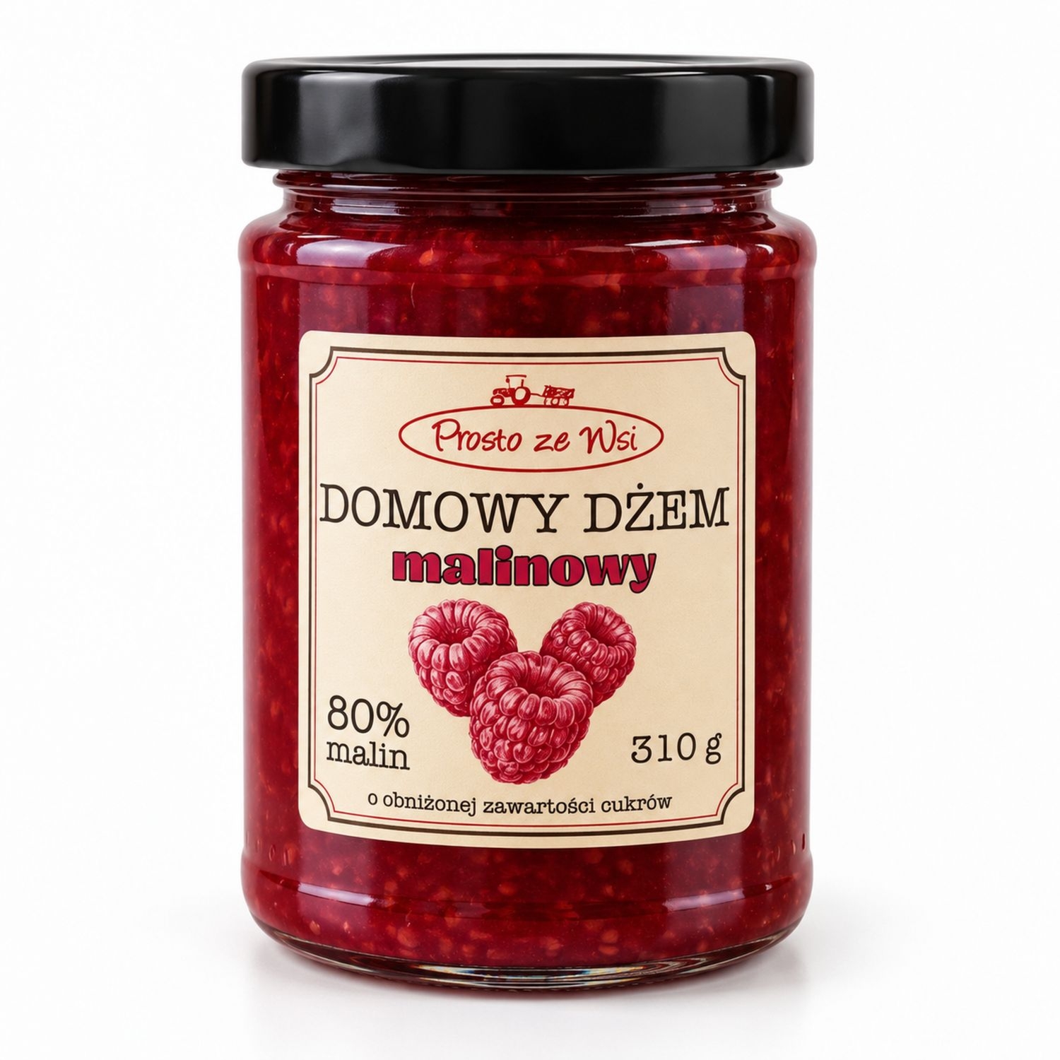 Dżem Malinowy o Obniżonej Zawartości Cukrów 80% Owoców 310 g - Prosto ze Wsi