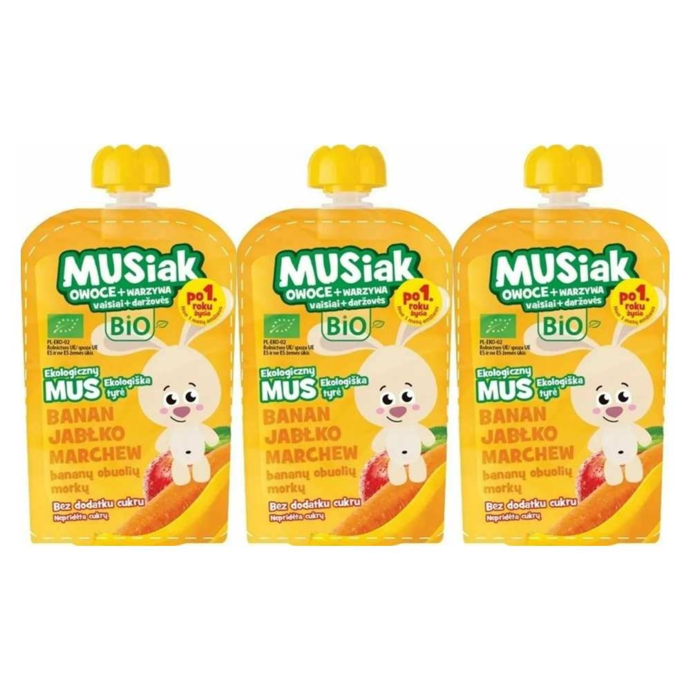 3 x Mus Owocowo - Warzywny BIO (Banan, Jabłko, Marchew) 100 g - Musiak
