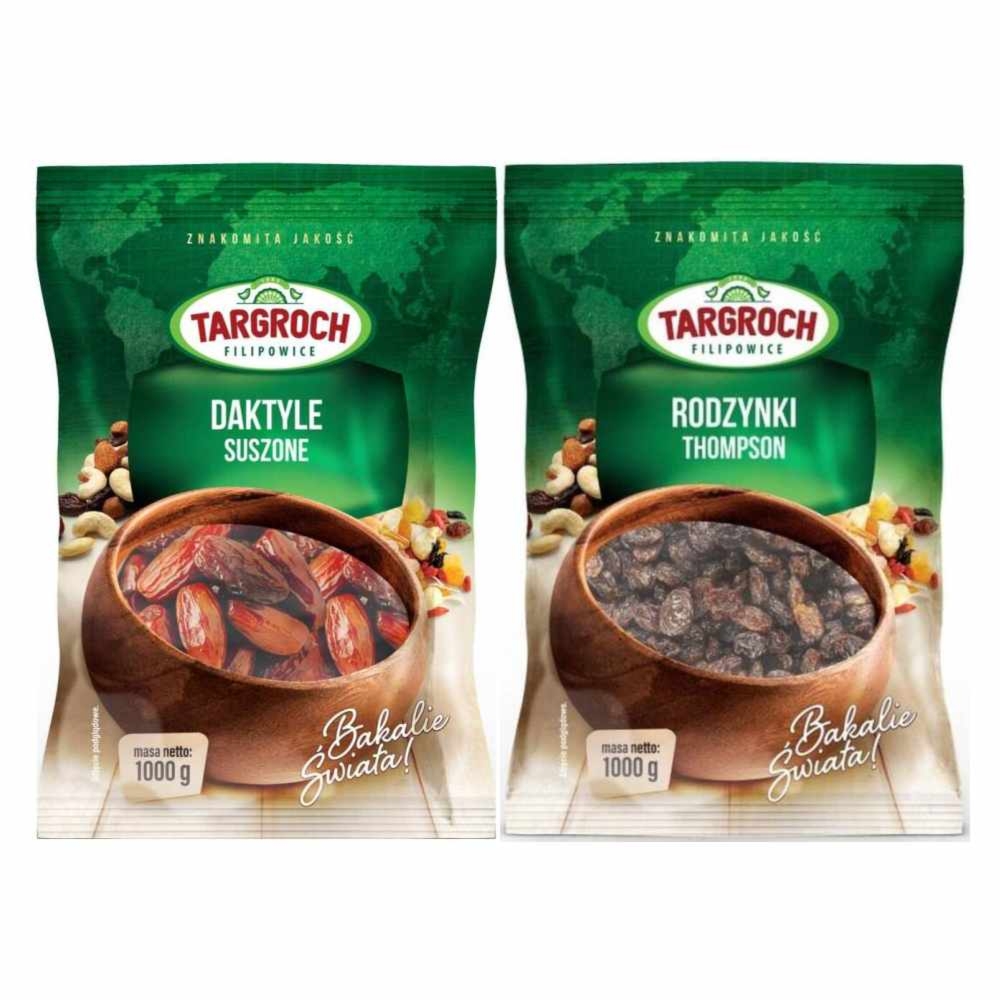 Zestaw Rodzynki Thompson Niesiarkowane 1 kg - Targroch + Daktyle Suszone Bez Pestek 1 kg Flowpack - Targroch