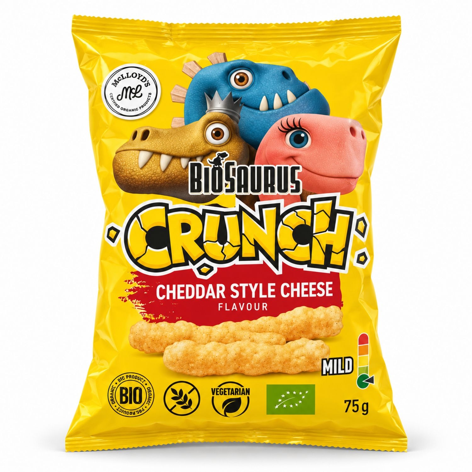 Chrupki Kukurydziane Crunch o Smaku Sera w Stylu Cheddar Bezglutenowe BIO 75 g - McLloyd's Biosaurus