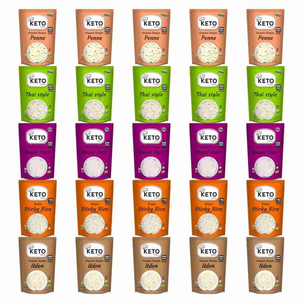 25 x Makaron Konjac KETO CHEF = 5 x Makaron Konjac Penne Bio 270 g (200 g) + 5 x Makaron Konjac Thai Style Bio 270 g (200 g) + 5 x Makaron Konjac Angel Hair Bio 270 g (200 g) + 5 x Makaron Konjac w Kształcie Ryżu (Sticky Rice) do Sushi 200 g + 5 x KETO Ma