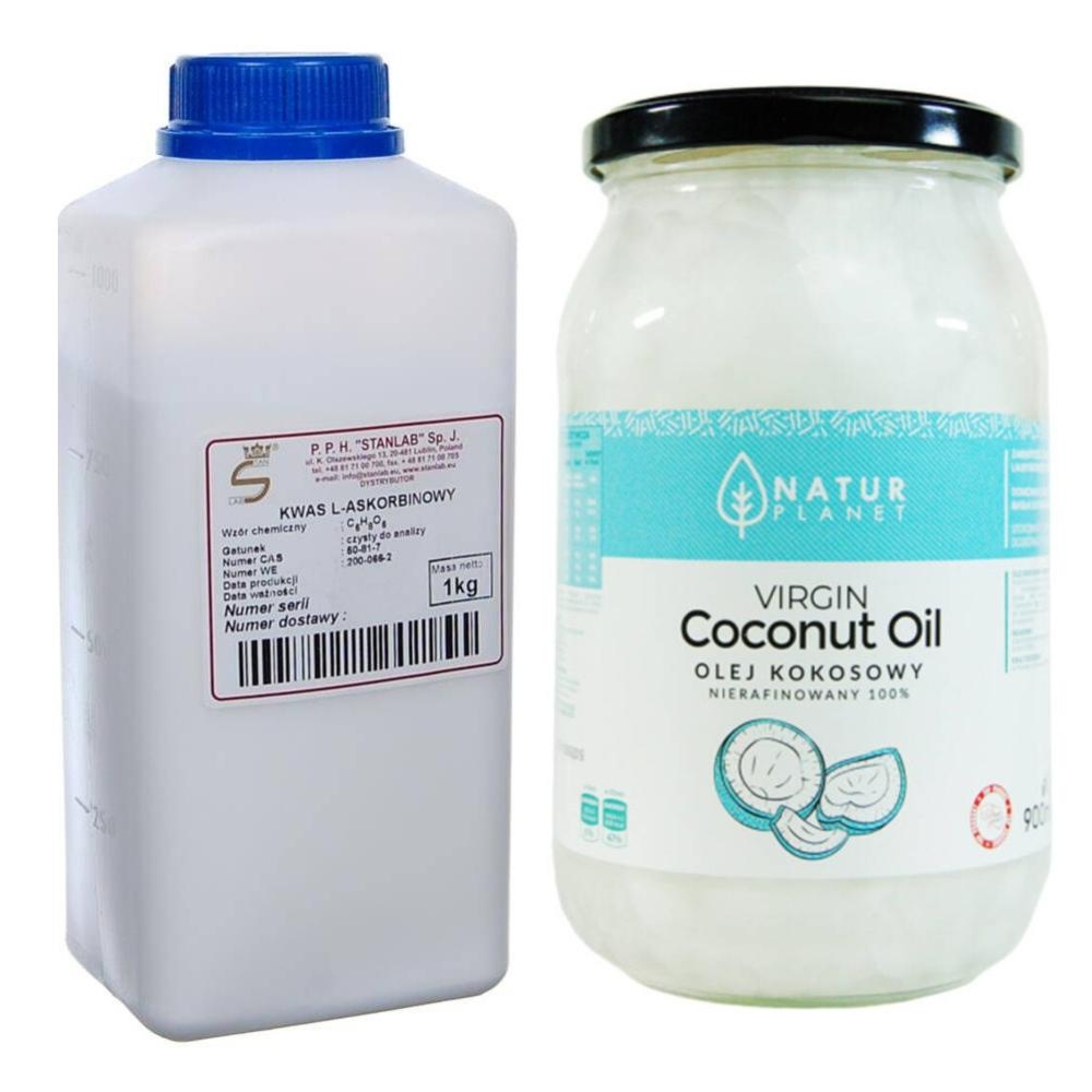 Zestaw Kwas L-Askorbinowy 1 kg CZDA Stanlab + Olej Kokosowy Nierafinowany Virgin 100% Tłoczony na Zimno 900 ml - Natur Planet
