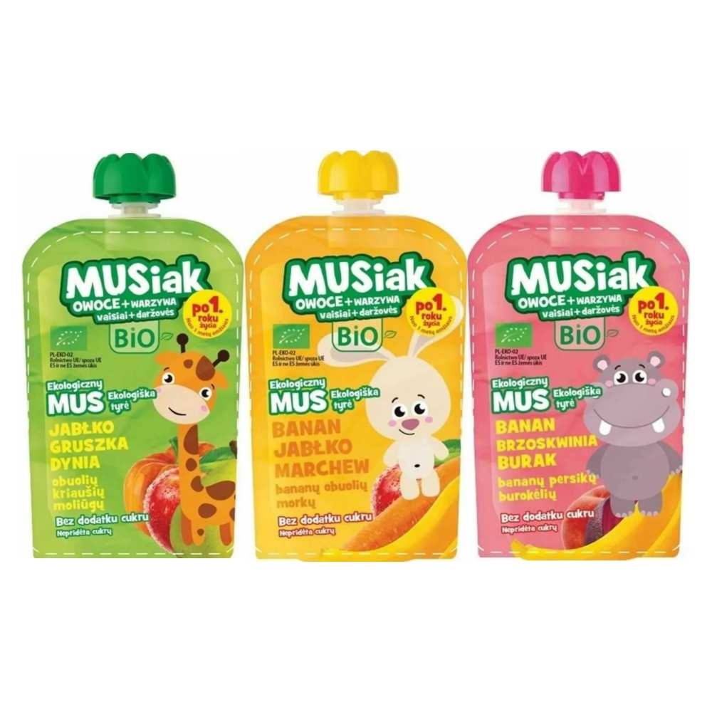 Mus Owocowo - Warzywny BIO (Jabłko, Gruszka, Dynia) 100 g  + Mus Owocowo - Warzywny BIO (Banan, Jabłko, Marchew) 100 g + Mus Owocowo - Warzywny BIO (Banan, Brzoskwinia, Burak) 100 g - Musiak