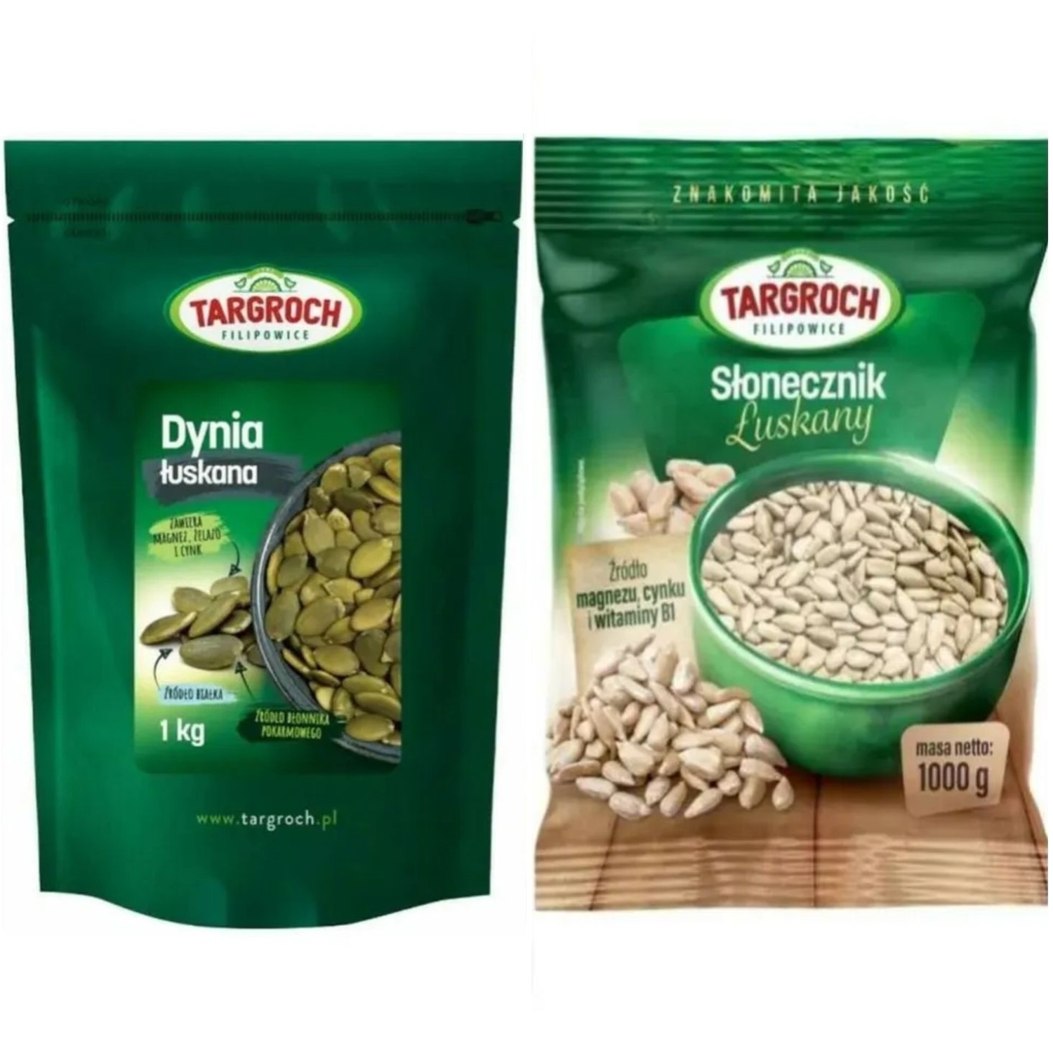 Zestaw Słonecznik Łuskany 1 kg - Targroch + Pestki Dyni bez Łupiny Doypack 1 kg - Targroch