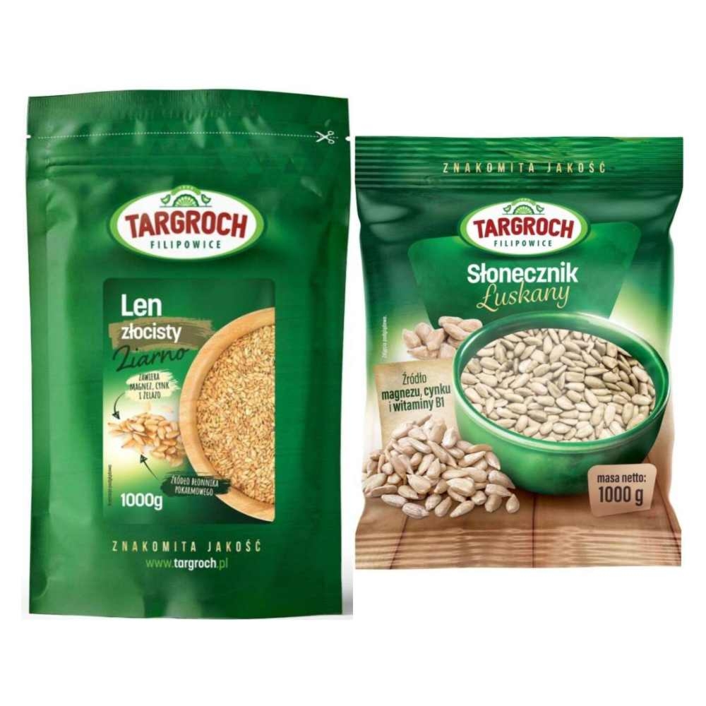 Zestaw Len Złoty Ziarno Siemię Lniane Złote 1 kg -  Targroch + Słonecznik Łuskany 1 kg - Targroch