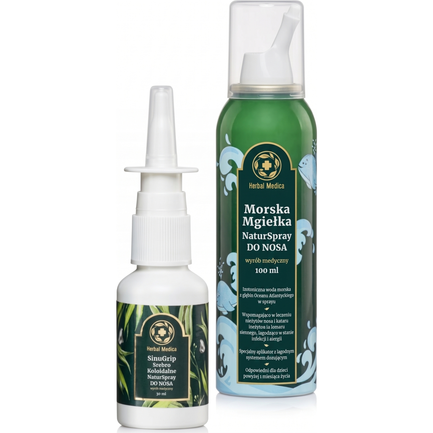 Morska Mgiełka Izotoniczna NaturSpray do Nosa 100 ml + SinuGrip Srebro Koloidalne NaturSpray do Nosa 30 ml - Herbal Medica