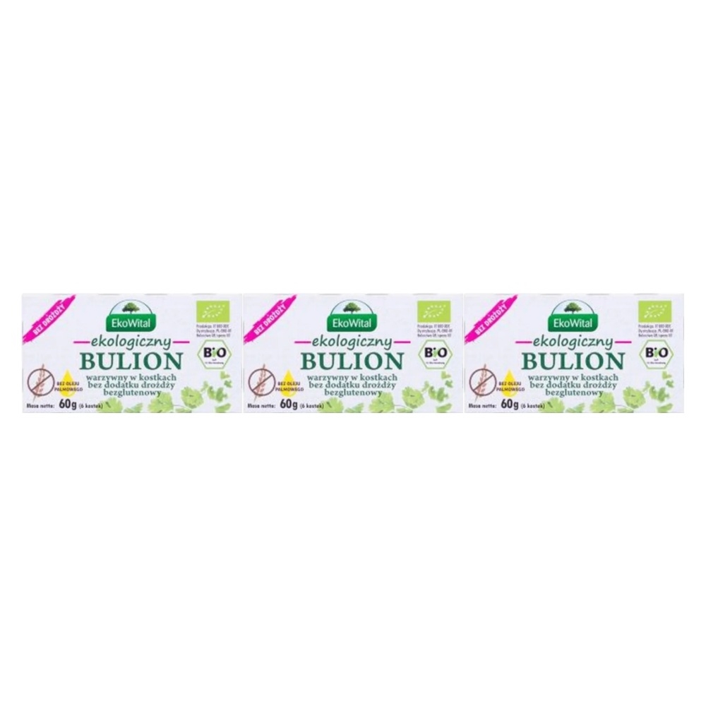 3 x Ekologiczny Bulion Warzywny w Kostkach Bez Drożdży i Oleju Palmowego Bezglutenowy 60 g EkoWital