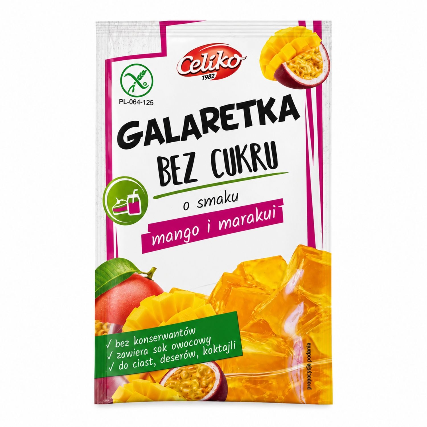 Galaretka Bez Dodatku Cukru o Smaku Mango i Marakui Bezglutenowa 14 g - Celiko