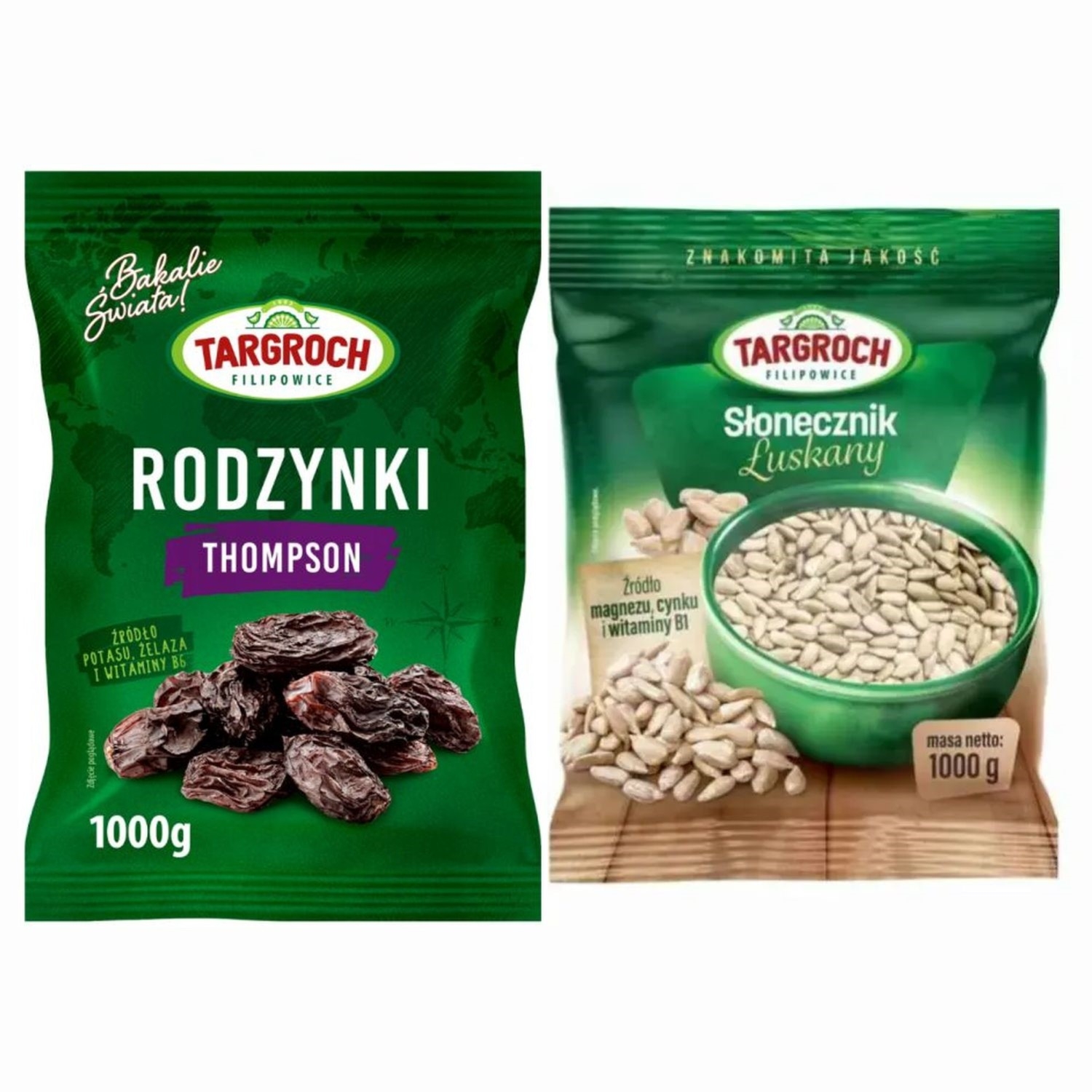 Zestaw Rodzynki Thompson Niesiarkowane 1 kg - Targroch + Słonecznik Łuskany 1 kg - Targroch