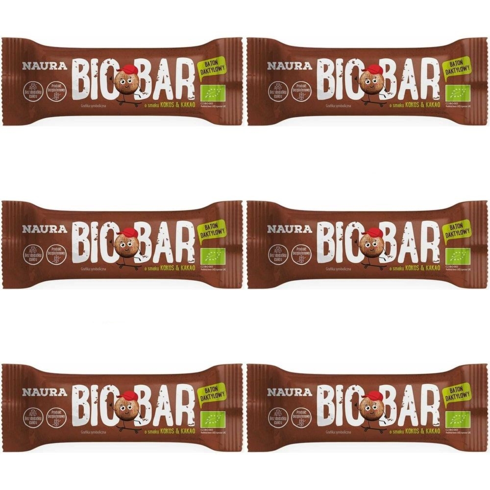 6 x Baton Daktylowy Kakao and Kokos Bez Dodatku Cukru Bezglutenowy Bio 35 g - Naura