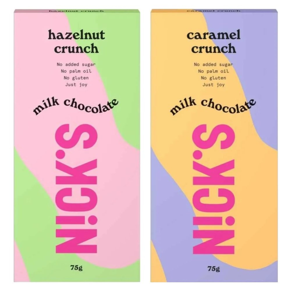 Czekolada Mleczna z Orzechami Laskowymi Hazelnut Crunch 75 g - Nicks + Czekolada Mleczna z Karmelem Caramel Crunch 75 g - Nicks