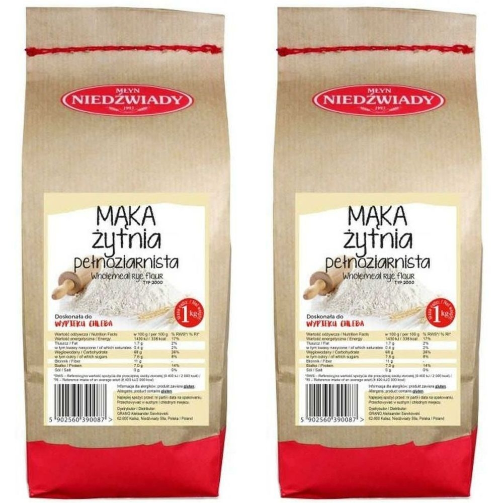 2 x Mąka Żytnia Pełnoziarnista Typ 2000 1 kg - Młyn Niedźwiady