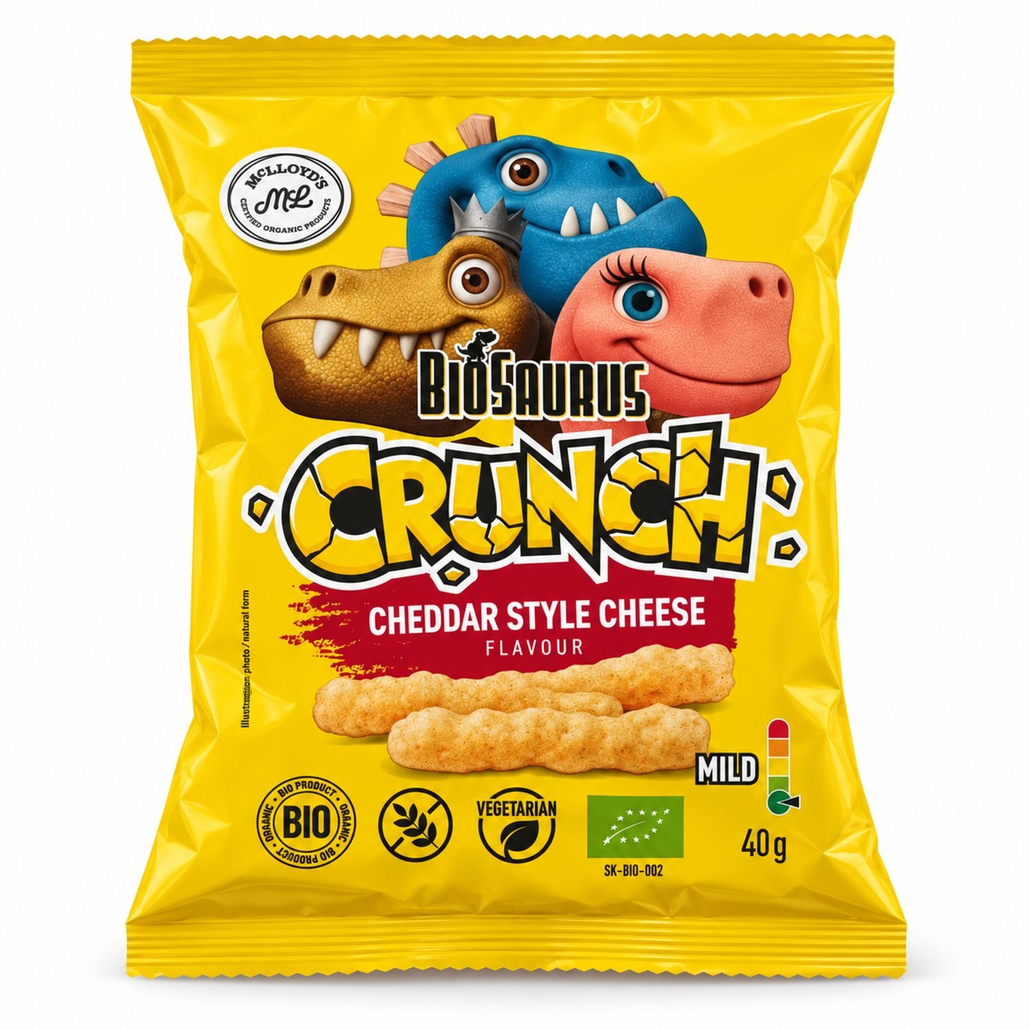Chrupki Kukurydziane Crunch o Smaku Sera w Stylu Cheddar Bezglutenowe BIO 40 g - McLloyd's Biosaurus