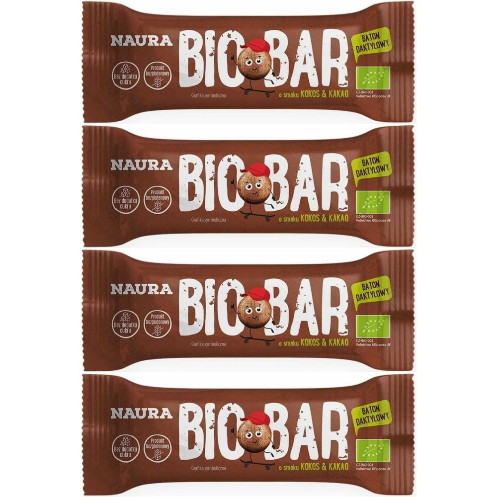 4 x Baton Daktylowy Kakao and  Kokos Bez Dodatku Cukru Bezglutenowy Bio 35 g - Naura