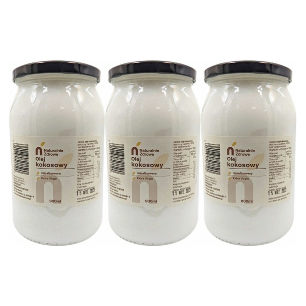 3 x Olej Kokosowy Nierafinowany Extra Virgin 900 ml - Naturalnie Zdrowe