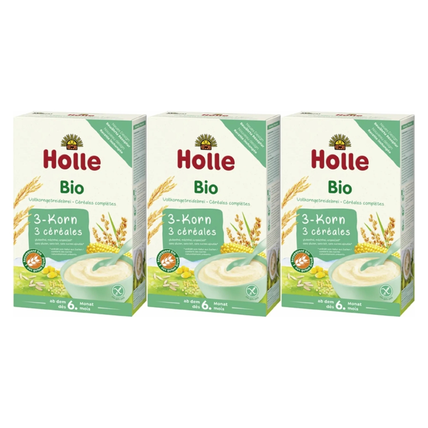 3 x Kaszka Pełnoziarnista 3 Zboża Bez Dodatku Cukru Bezglutenowa Bio Demeter 250 g - Holle