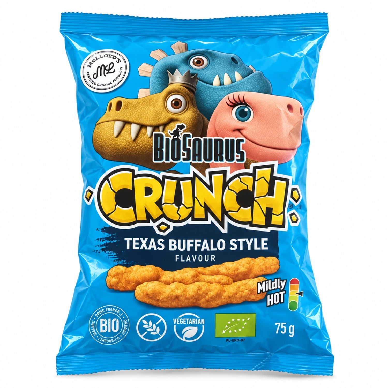 Chrupki Kukurydziane Crunch Koperek, Pikle i Ranch Bezglutenowe BIO 75 g - McLloyd's Biosaurus
