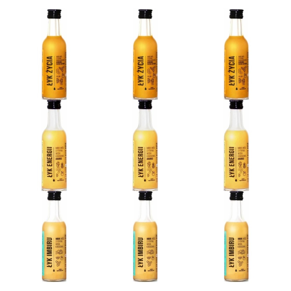 3 x ŁYK Życia (Imbir, Miód, cytryna, Woda Kokosowa, Kurkuma, Pieprz Cayenne) 50 ml - Drest + 3 x ŁYK Energii (Imbir, Miód, Cytryna, Woda Kokosowa, Ananas) 50 ml - Drest + 3 x ŁYK Imbiru (Imbir, Miód, Cytryna, Woda Kokosowa) 50 ml - Drest
