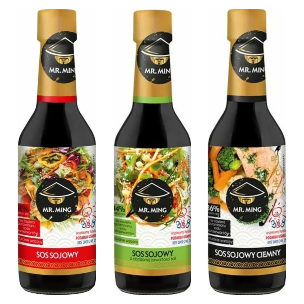Sos Sojowy 150 ml - Mr. Ming + Sos Sojowy o Obniżonej Zawartości Soli 44% 150 ml - Mr. Ming + Sos Sojowy Ciemny 36% 150 ml - Mr. Ming