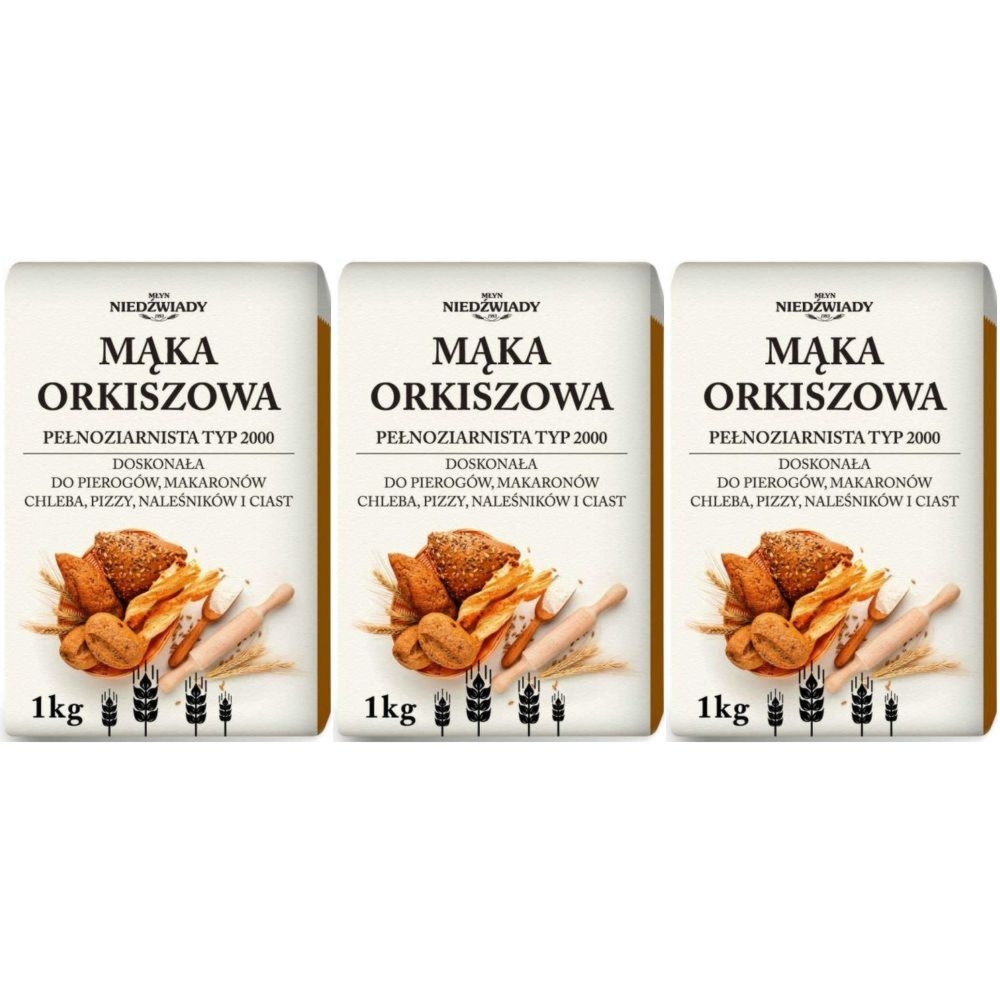 Zestaw 3 x Mąka Orkiszowa Pełnoziarnista Typ 2000 1 kg - Młyn Niedźwiady