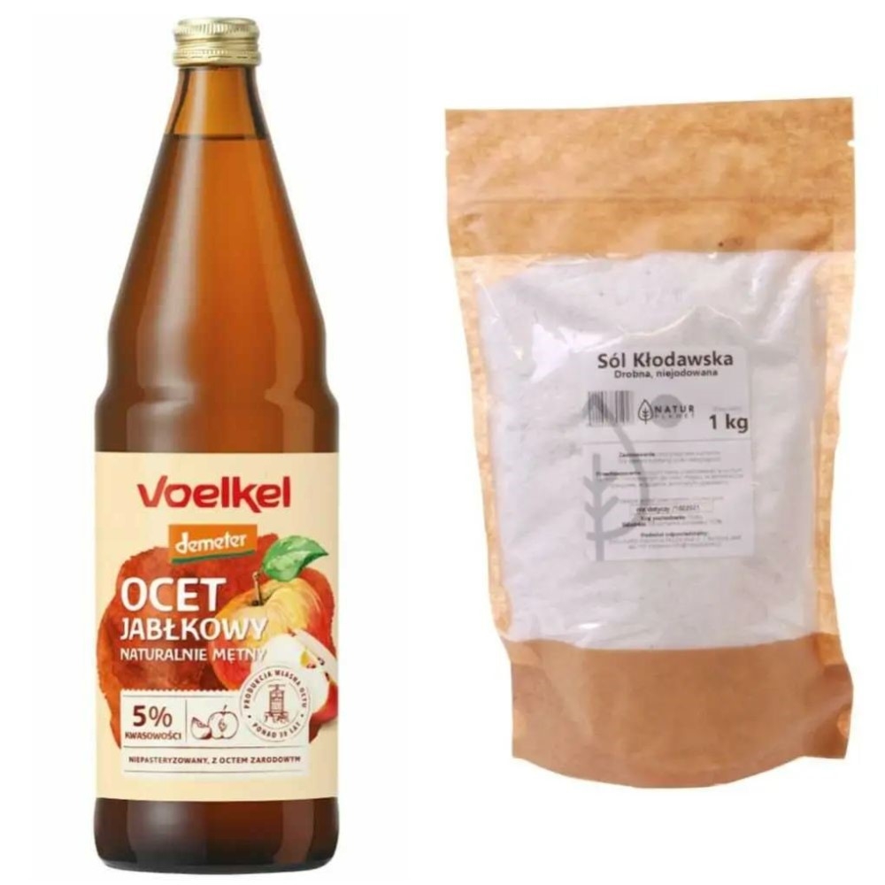 Zestaw Ocet Jabłkowy Niepasteryzowany Niefiltrowany Bio DEMETER 750 ml - Voelkel + Sól Kłodawska Drobna Niejodowana 1 kg - Natur Planet