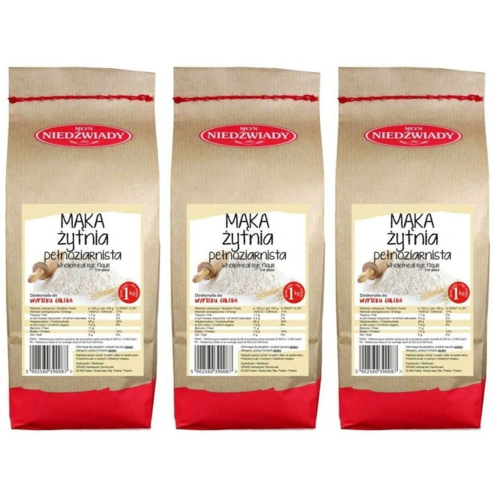 3 x Mąka Żytnia Pełnoziarnista Typ 2000 1 kg - Młyn Niedźwiady
