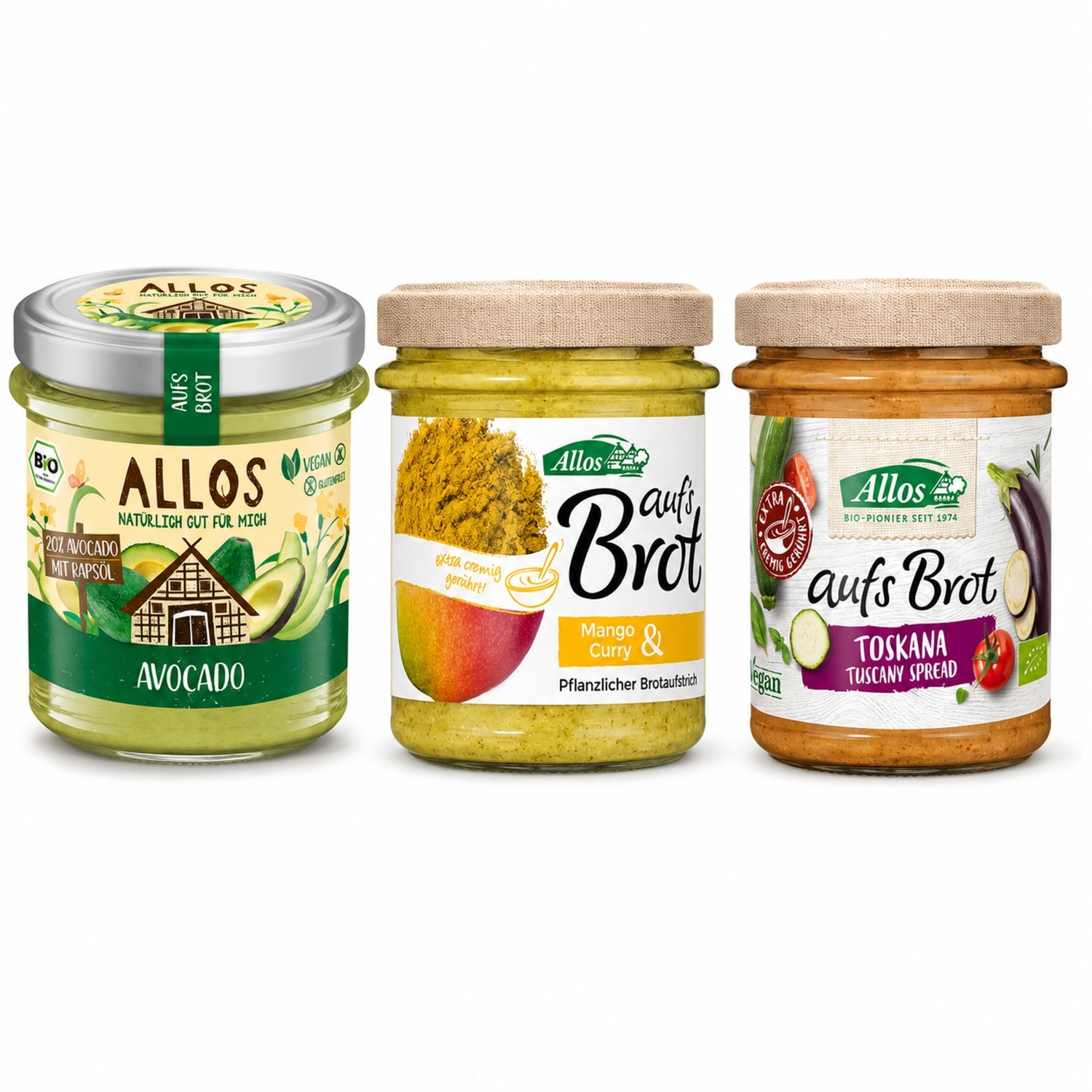 Pasta Kremowa z Awokado Bezglutenowa Bio 140 g + Pasta Kremowa z Mango i Curry Bezglutenowe Bio 140 g + Pasta Kremowa Toskana Bezglutenowa Bio 140 G Allos