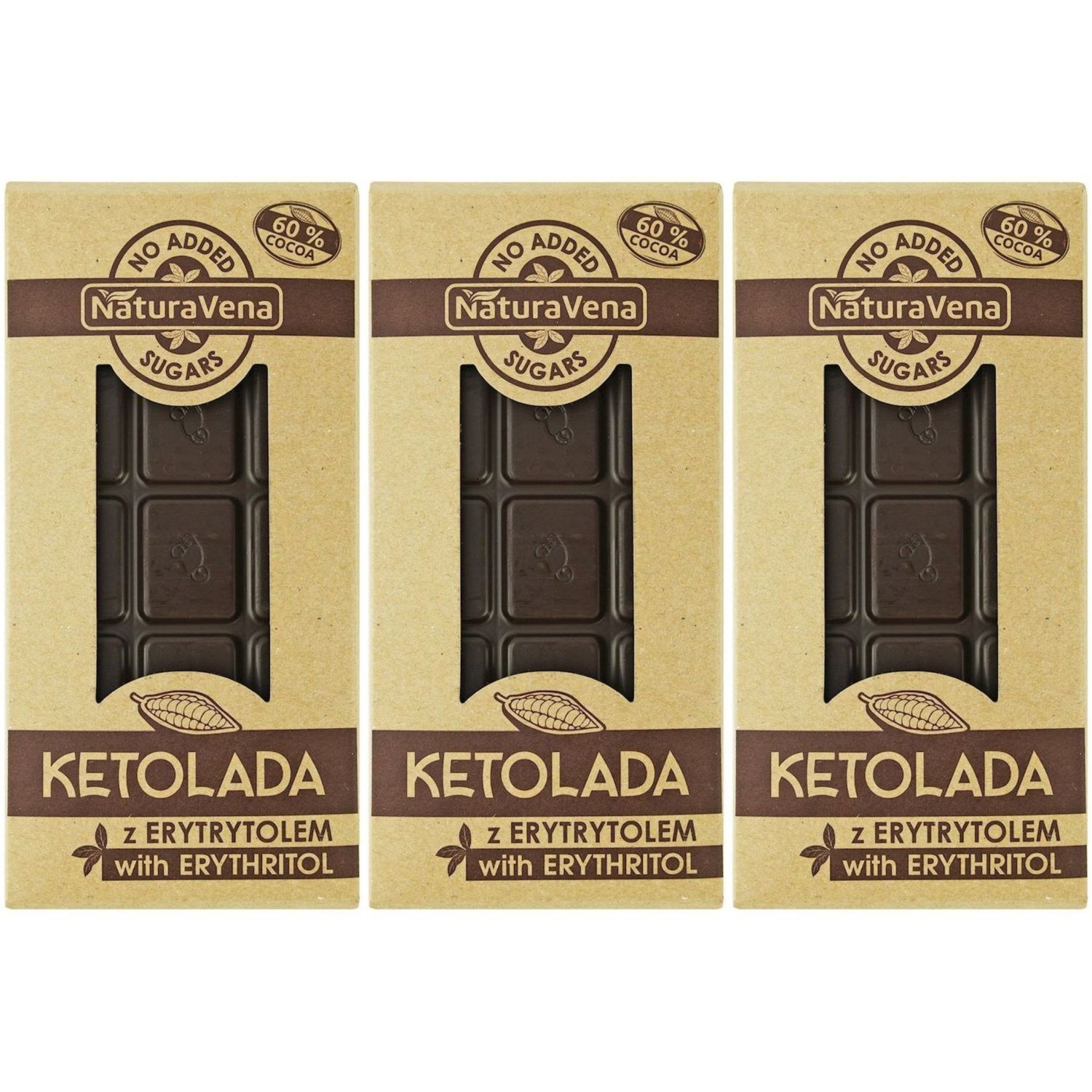 Zestaw 3 x KETOLADA Czekolada Gorzka 60% z Erytrytolem 100 g - NaturAvena