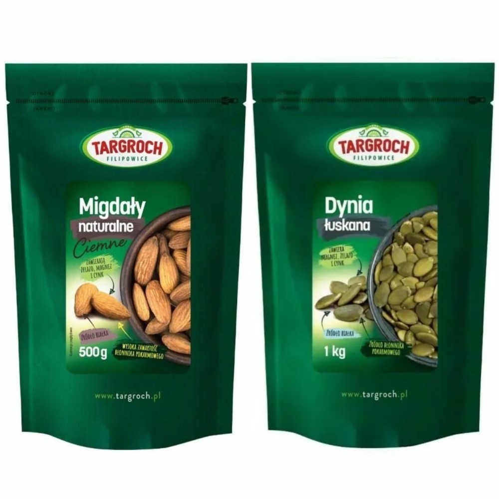 Migdały Naturalne Ciemne 500 g - Targroch + Pestki Dyni bez Łupiny Doypack 1 kg - Targroch