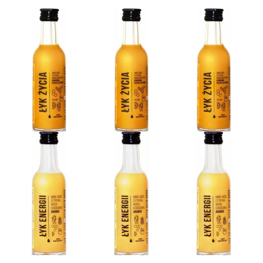 3 x ŁYK Życia (Imbir, Miód, cytryna, Woda Kokosowa, Kurkuma, Pieprz Cayenne) 50 ml - Drest + 3 x ŁYK Energii (Imbir, Miód, Cytryna, Woda Kokosowa, Ananas) 50 ml - Drest
