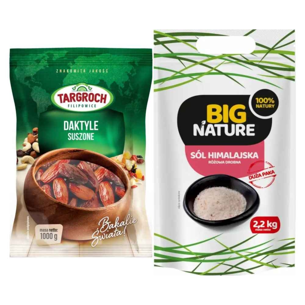 Daktyle Suszone Bez Pestek 1 kg Flowpack - Targroch + Sól Himalajska Różowa Drobna 2,2 kg - Big Nature