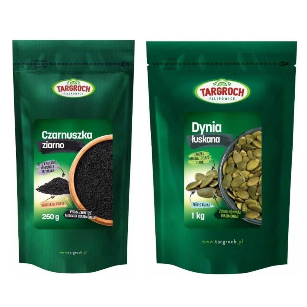 Czarnuszka Ziarno 250 g - Targroch + Pestki Dyni bez Łupiny Doypack 1 kg - Targroch