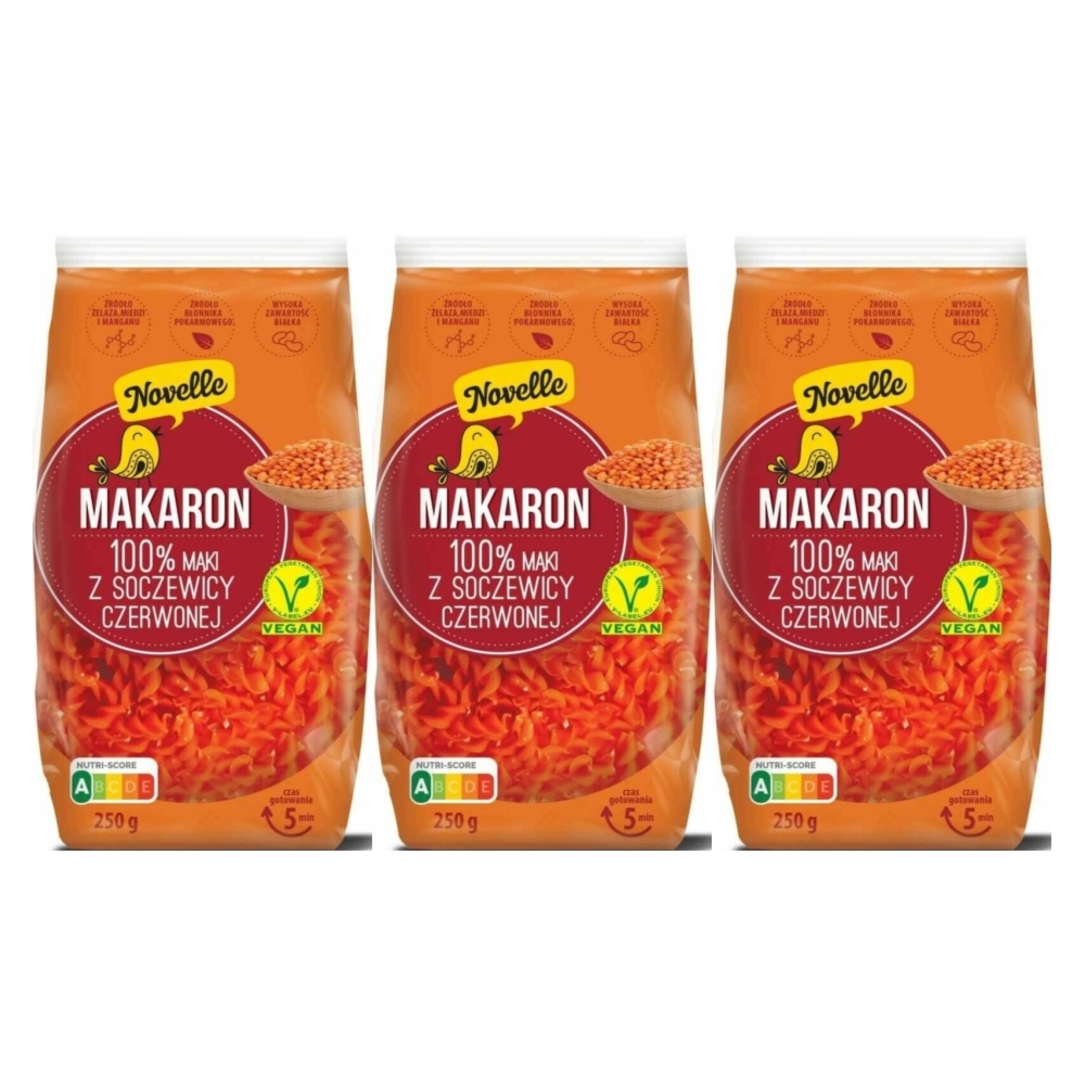 3 x Makaron z Soczewicy Czerwonej Świderki 250 g - Novelle