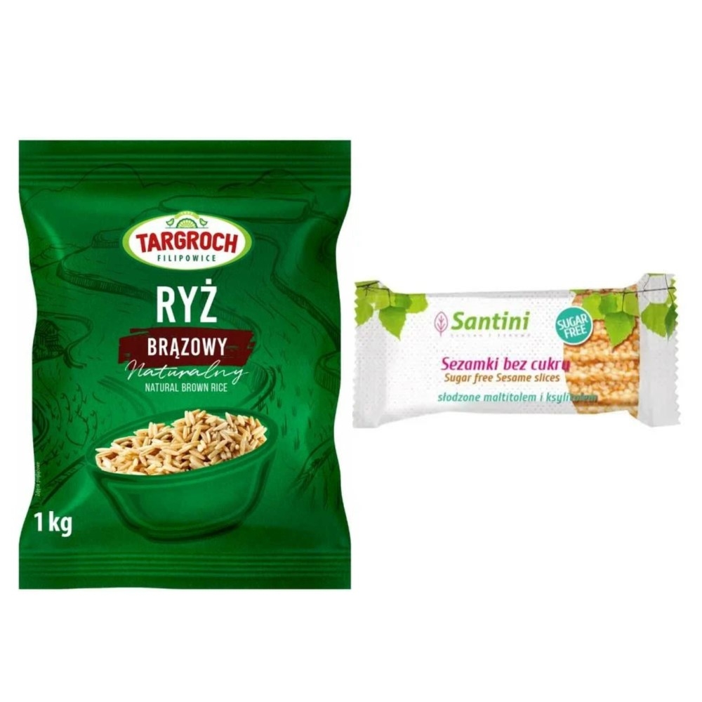 Ryż Brązowy Naturalny 1 kg - Targroch + Sezamki Bez Dodatku Cukru z Ksylitolem i Maltitolem 27 g - Santini