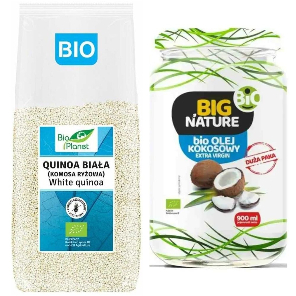 Quinoa Biała Komosa Ryżowa Bio 1 kg Bio Planet + Olej Kokosowy Extra Virgin Nierafinowany Zimnotłoczony Bio 900 ml - Big Nature