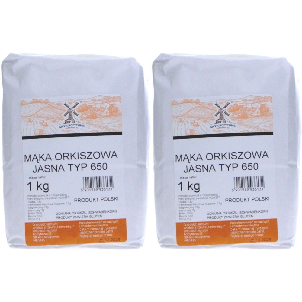 2 x Mąka Orkiszowa Jasna Typ 650 1 kg - Młyn Kopytowa