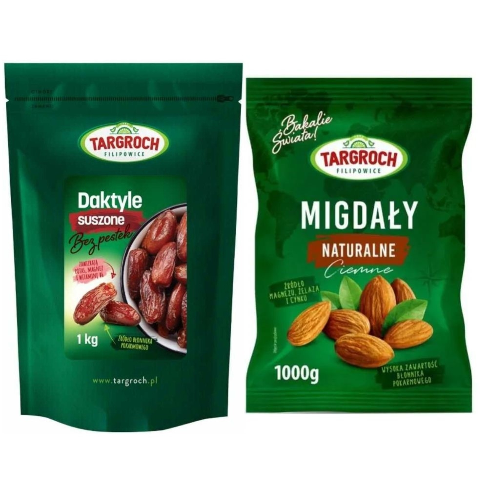 Zestaw Daktyle Suszone Bez Pestek 1 kg + Migdały Naturalne Ciemne 1 kg  - Targroch