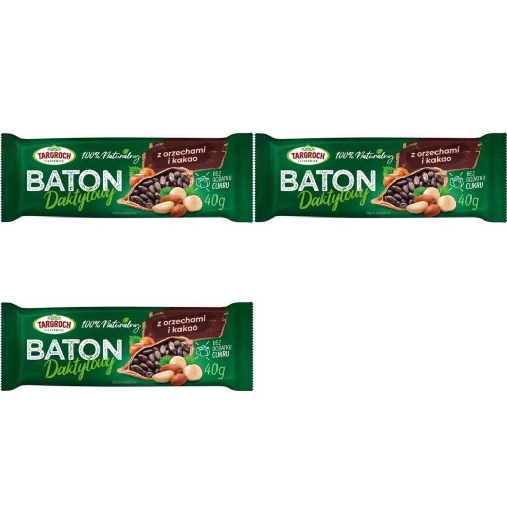 3 x Baton Daktylowy z Kakao i Orzechami Bez Dodatku Cukru 40 g - Targroch