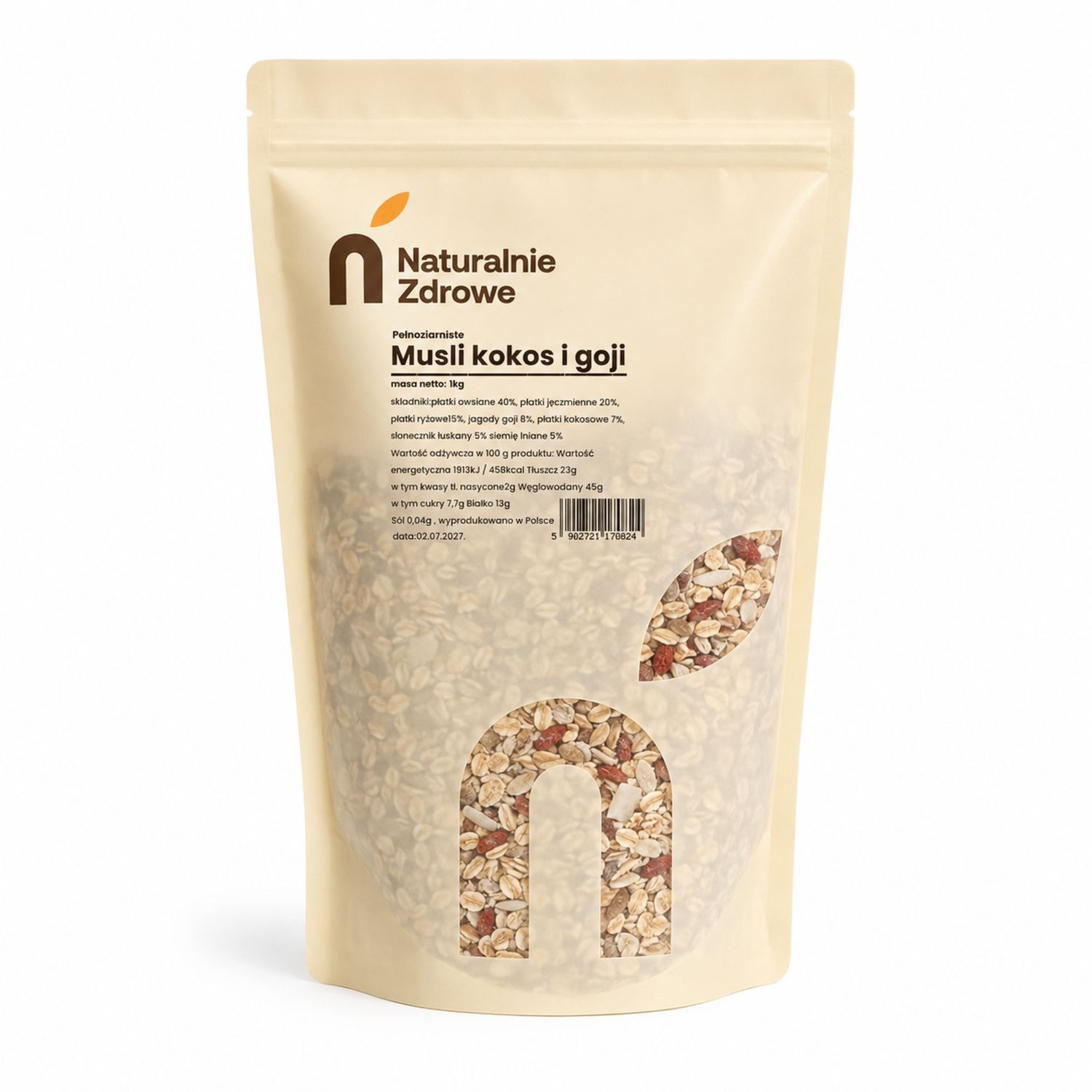 Musli Pełnoziarniste Kokos i Goji 1 kg - Naturalnie Zdrowe