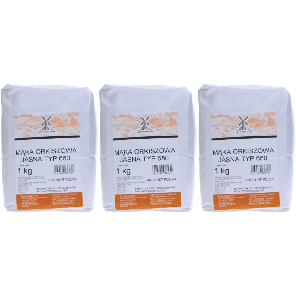 3 x Mąka Orkiszowa Jasna Typ 650 1 kg - Młyn Kopytowa