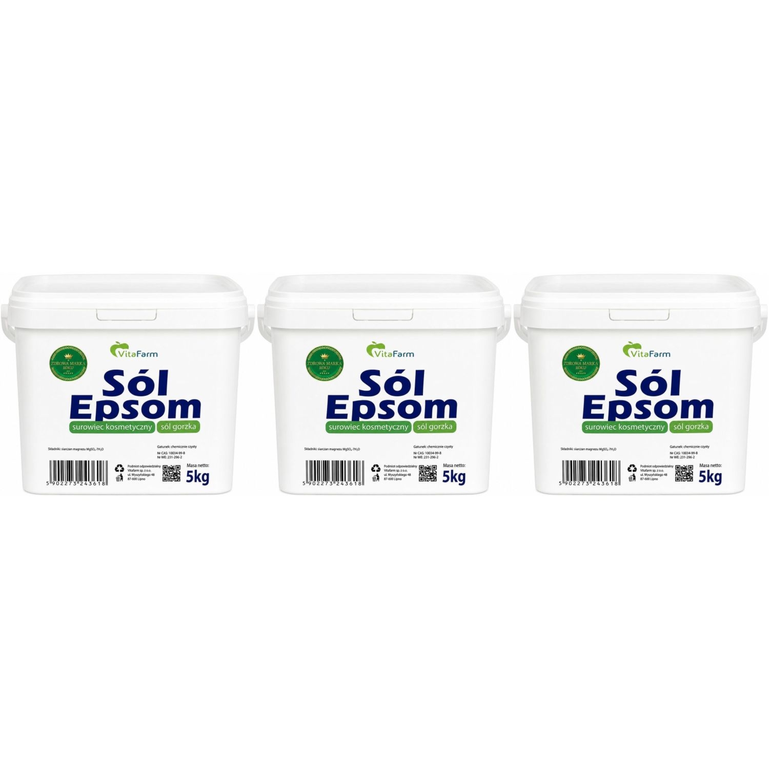 Zestaw 3 x Sól Epsom (Siarczan Magnezu)- Sól Gorzka Wiadro 5 kg - VitaFarm
