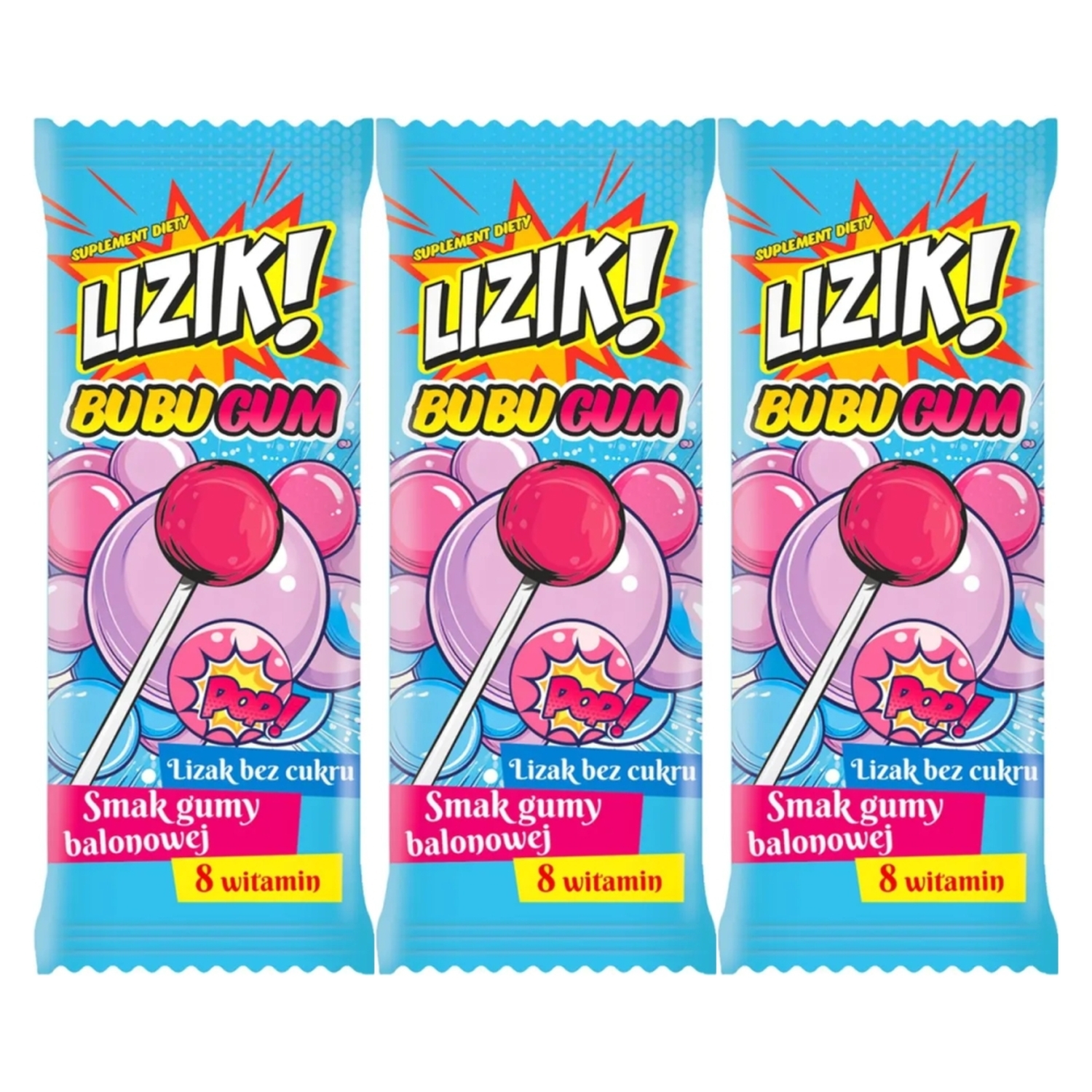 3 x Lizak z Witaminami o Smaku Gumy Balonowej BUBUGUM 8 g - LIZIK!
