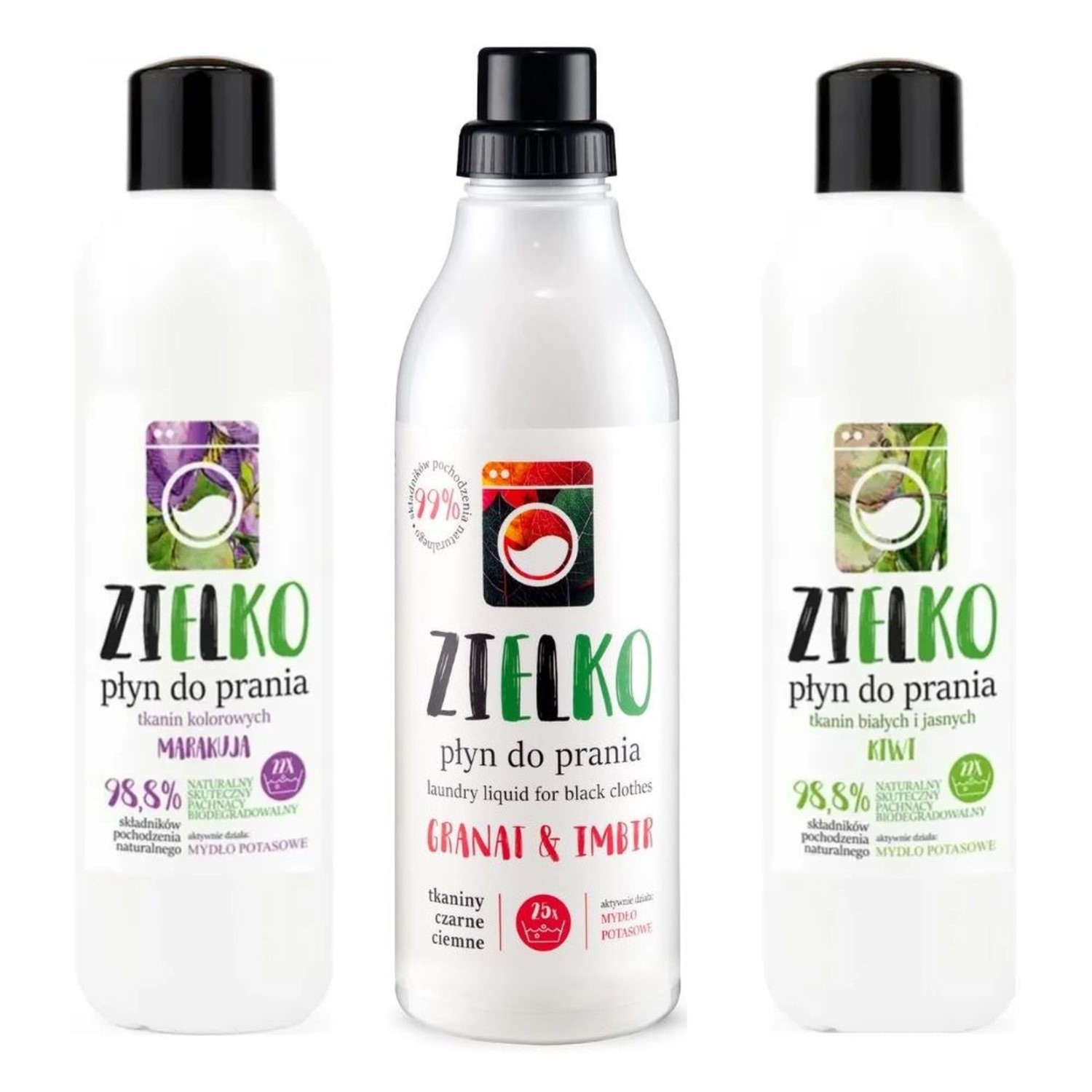 ZIELKO Płyn do Prania Tkanin Kolorowych Marakuja 1 l + ZIELKO Płyn do Prania Tkanin Czarnych i Ciemnych Granat i Imbir 1 l + ZIELKO Płyn do Prania Tkanin Białych i Jasnych KIWI 1 l - Sylveco