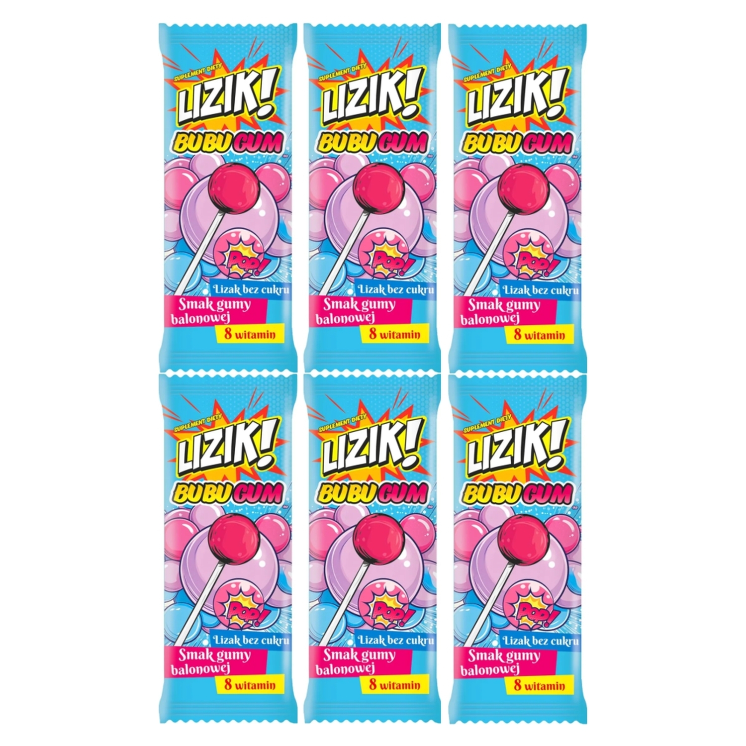 6 x Lizak z Witaminami o Smaku Gumy Balonowej BUBUGUM 8 g - LIZIK!