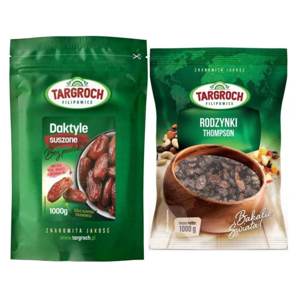 Zestaw Daktyle Suszone Bez Pestek 1 kg - Targroch + Rodzynki Thompson Niesiarkowane 1 kg - Targroch
