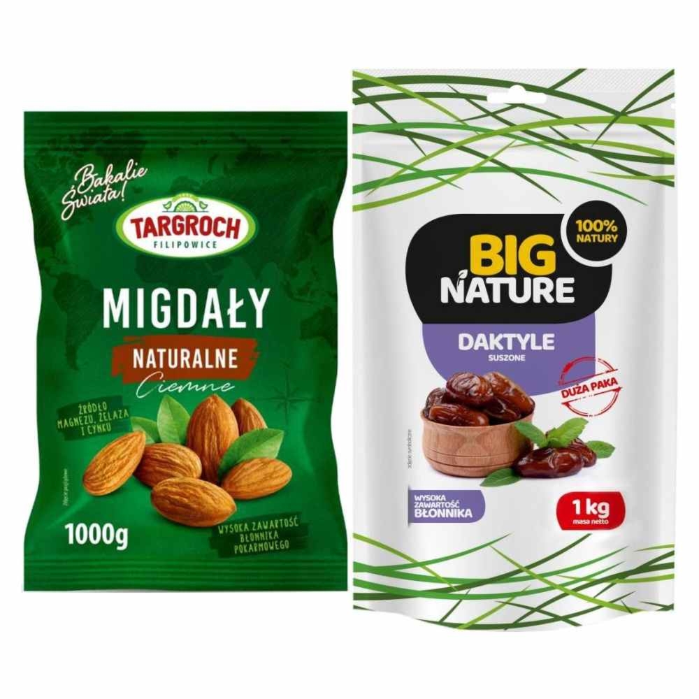 Zestaw Migdały Naturalne Ciemne 1 kg  - Targroch + Daktyle Suszone Bez Pestek 1 kg -  Big Nature