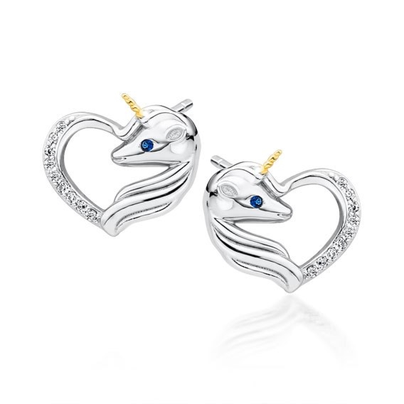 Srebrne kolczyki jednorożec z cyrkoniami i szafirowym oczkiem