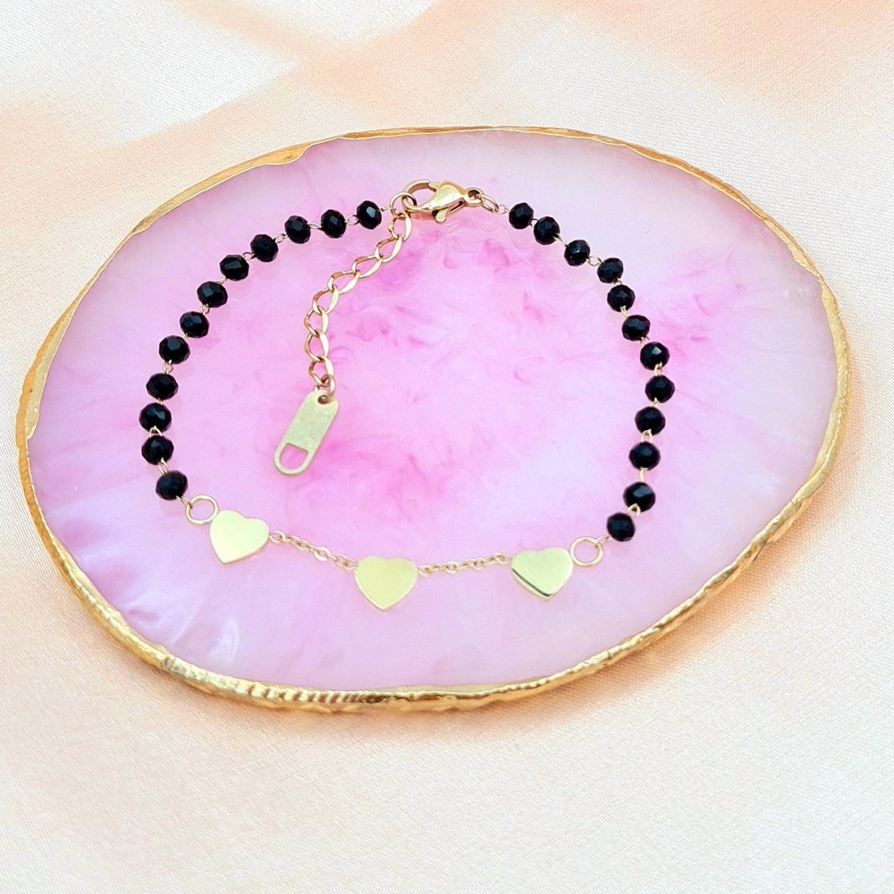 Bransoletka z serduszkiem stal chirurgiczna czarne spinele koraliki grawer