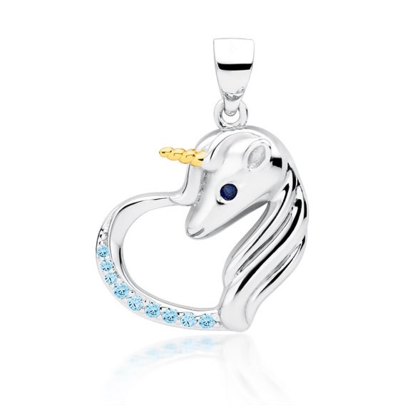Srebrna zawieszka jednorożec z niebieskimi cyrkoniami i szafirowym oczkiem