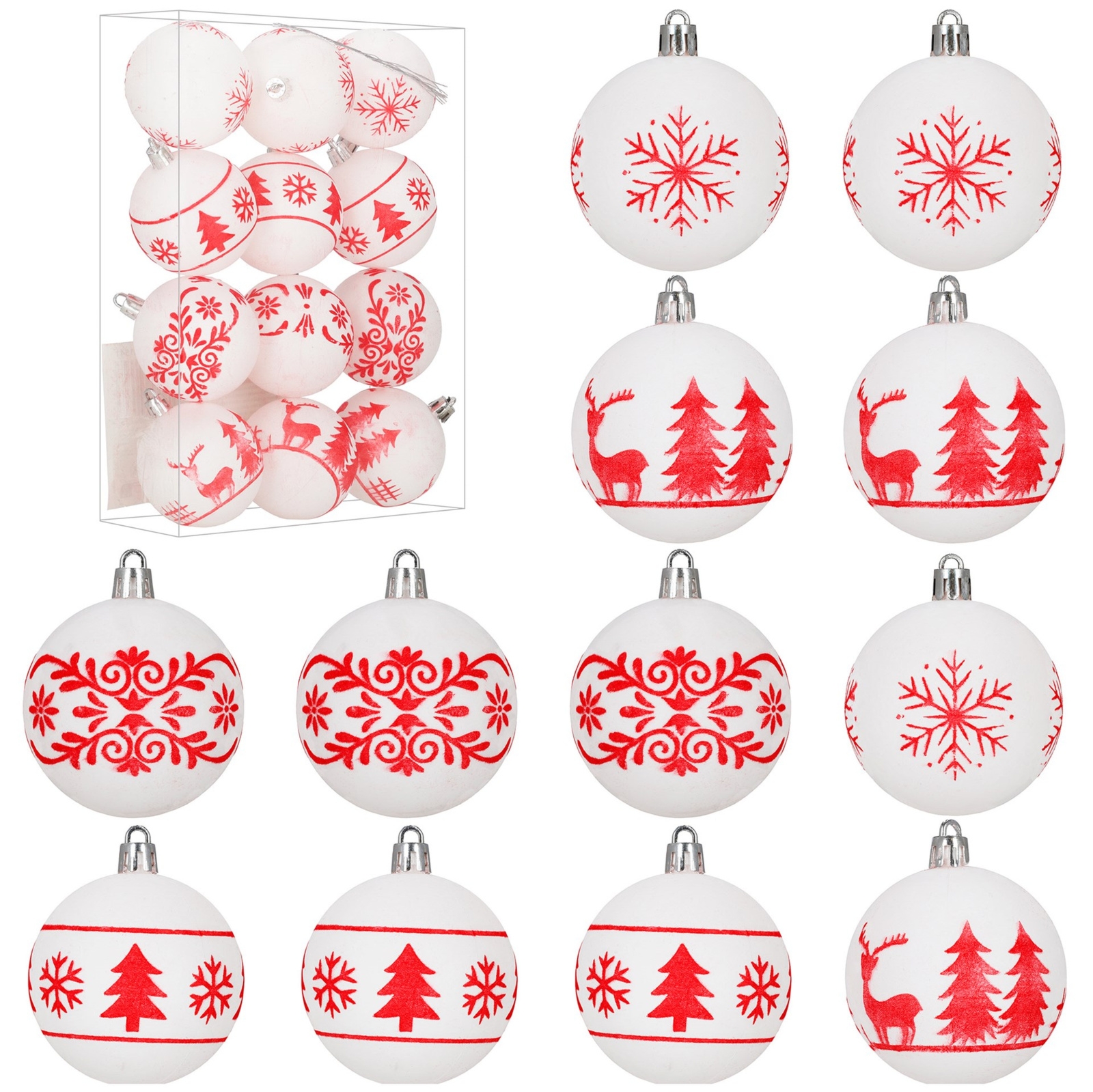 Bombki choinkowe 12 szt. 7 cm komplet ozdoby świąteczne, matowe białe z zdobieniami
